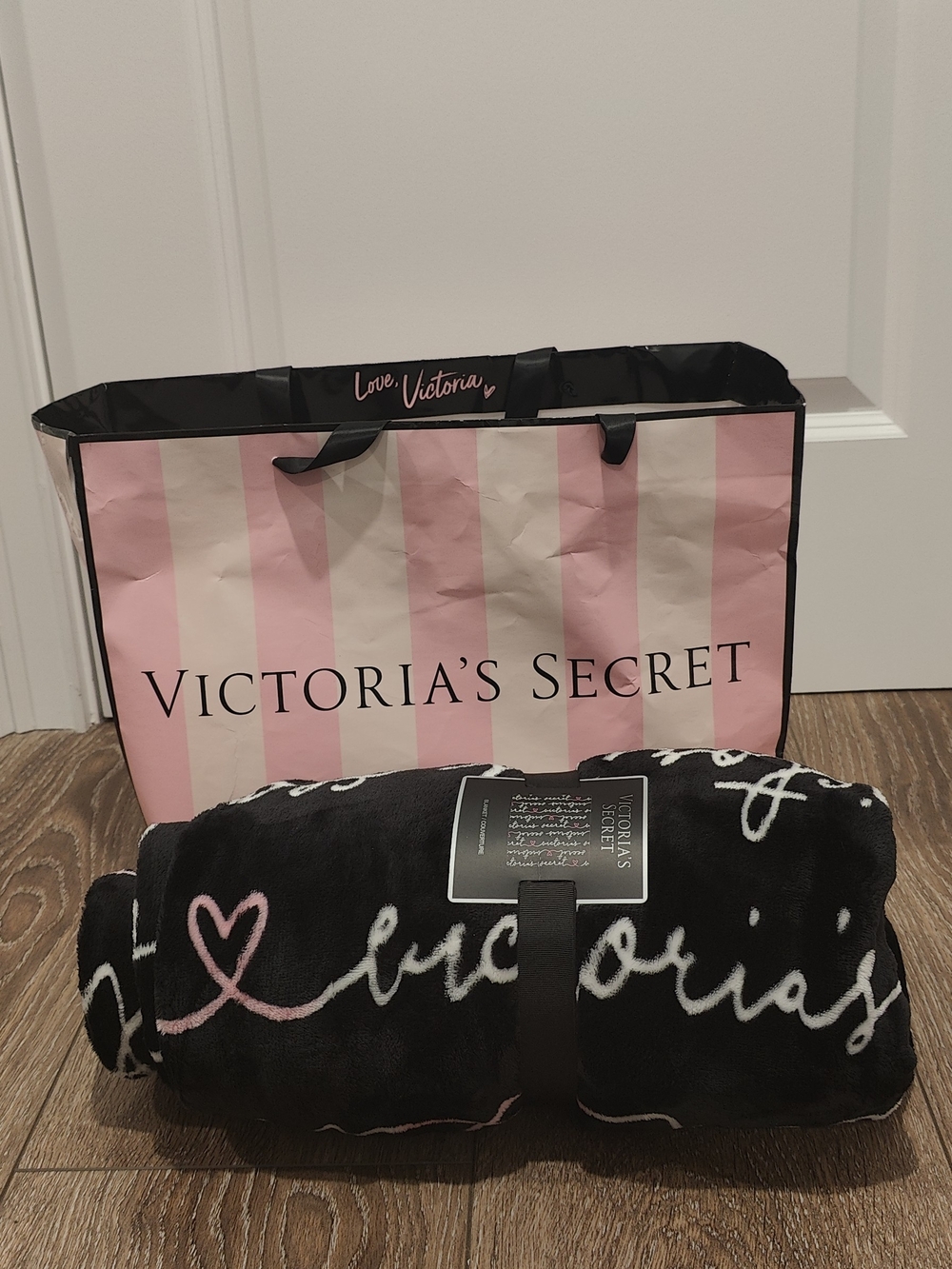 Victoria's Secret Black Plush Tote Bag with Pink Script
